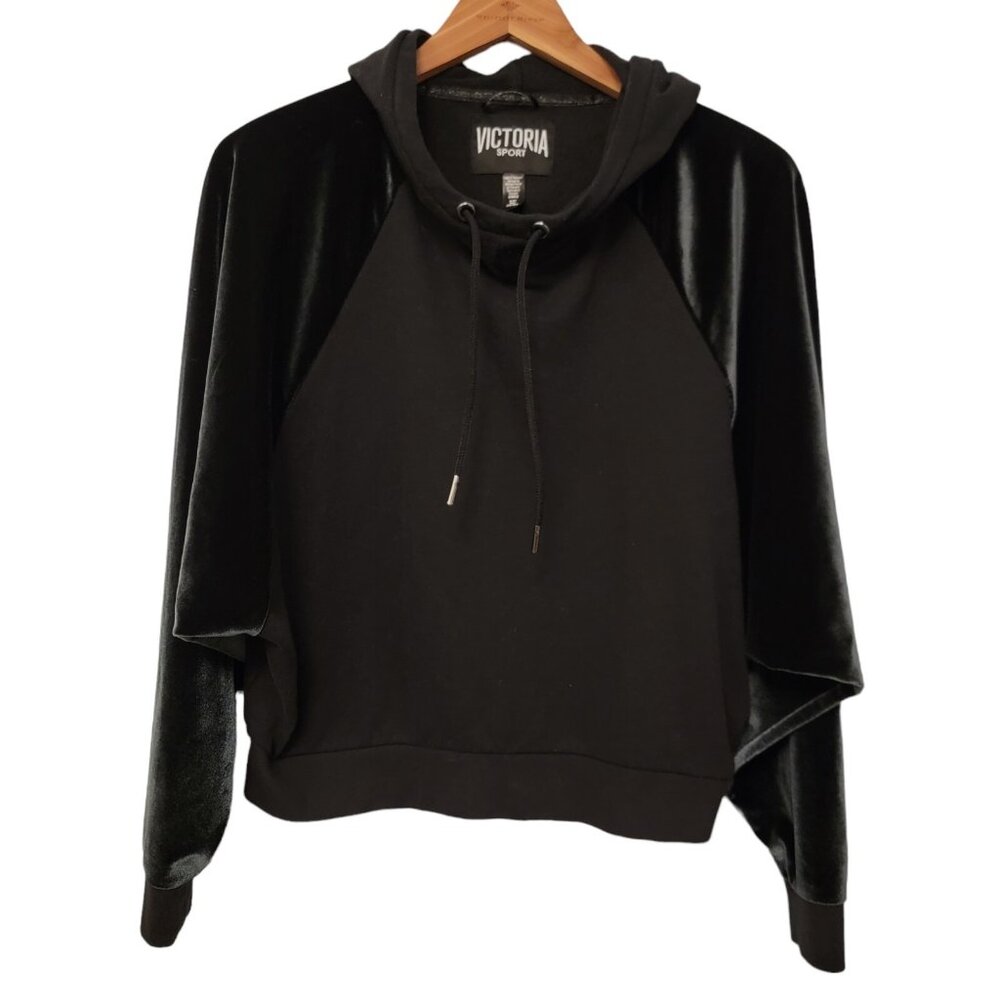 Victoria’s Secret Sport Womens Sweater Hoodie‎ Black W/ Green Velour Sleeves S/P